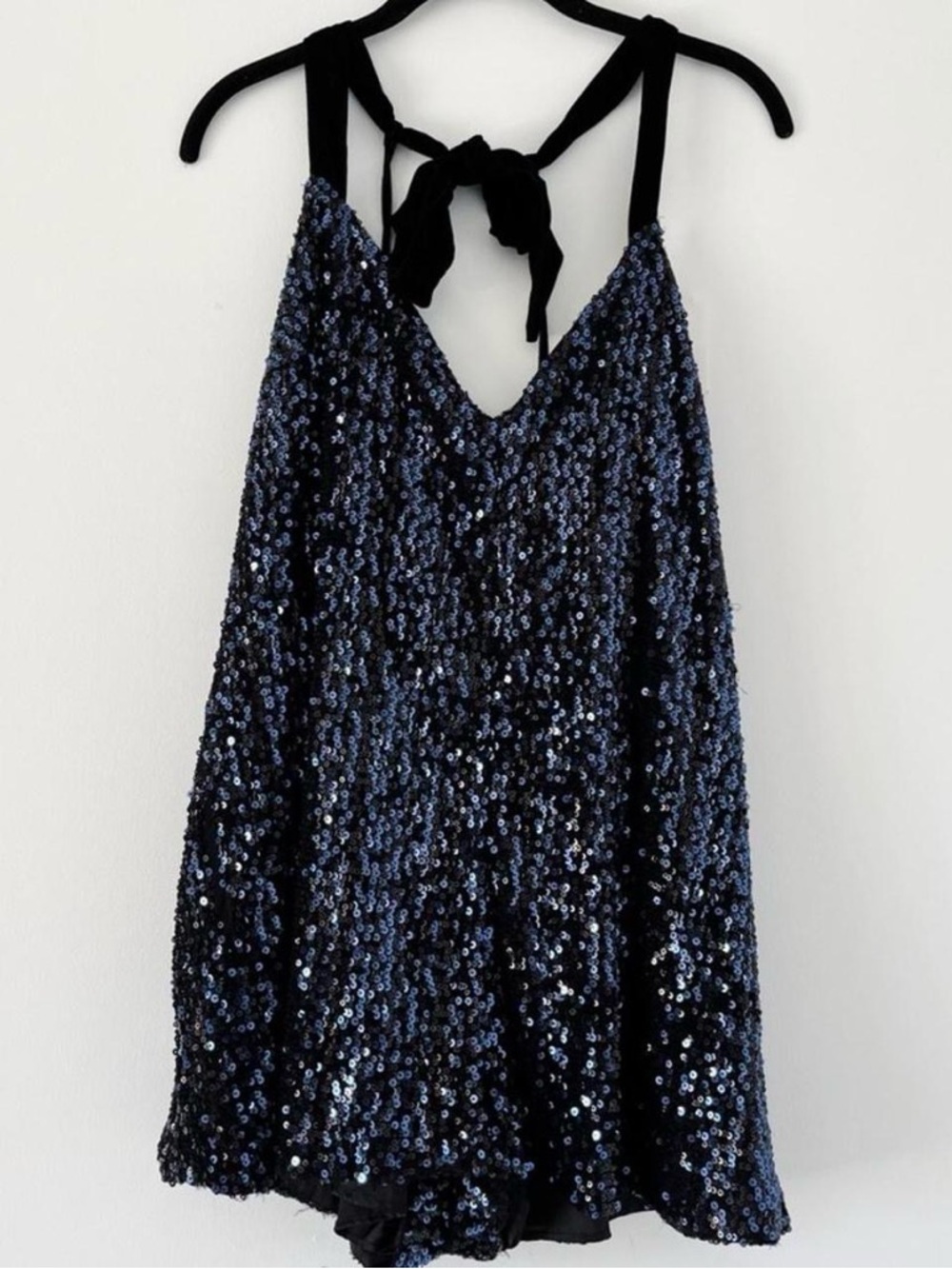 Free People Black Sequin Romper with Velvet tie